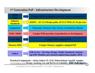 1st Generation PoP – Infrastructure Development 
OEMs 
Architecture 
stacking 
© 2004 - 200107 
12 major OEMs in Handset and DSC market adopting PoP 
Industry 
Standards 
JEDEC – JC.11.2 Design guide, JC11.11 POD, JC-63 pin outs 
Equipment Panasonic, Siemens, Fuji, Unovis, Assembléon, Hitachi 
EMS / ODM 5 major EMS providers in production or development 
Logic IDM 15 major IDMs adopted PoP 
Memory IDM 8 major Memory suppliers adopted PoP 
Amkor 
Full service – Develop, Design, Model, Standards, bottom, 
top PoP, Modules, pre-stacked engineering samples, BLR 
Practical Components – stocks Amkor 12, 14 & 15mm bottom / top DC samples 
www.amkor.com Design, stacking, test and Brd level reliability (joint study papers) 
 