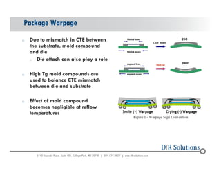 Package Warpage 
o Due to mismatch in CTE between 
the substrate, mold compound 
and die 
o Die attach can also play a role 
o High Tg mold compounds are 
used to balance CTE mismatch 
between die and substrate 
o Effect of mold compound 
becomes negligible at reflow 
temperatures 
© 2004 - 200107 
12 
 