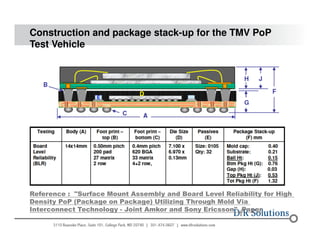 Construction and package stack-up for the TMV PoP 
Test Vehicle 
Reference : "Surface Mount Assembly and Board Level Reliability for High 
Density PoP (Package on Package) Utilizing Through Mold Via 
Interconnect Technology - Joint Amkor and Sony Ericsson", Paper 
© 2004 - 200107 
 