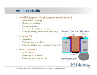 Via Fill (Tradeoffs) 
o Solid Fill (copper, nickel, tungsten, aluminum, etc.) 
© 2004 - 200107 
o Most robust (fatigue) 
o High stress in silicon 
o Longest process 
o Enhanced thermal performance 
o Greater density (think filled microvias) 
o Polymer Fill 
o Still robust 
o Reduced stress in silicon 
o Shorter process, more expensive material 
o No Fill (annular) 
o Least robust 
o Lowest stress in silicon 
o Fastest process, lowest cost 
 