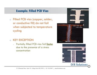 Example: Filled PCB Vias 
o Filled PCB vias (copper, solder, 
or conductive fill) do not fail 
when subjected to temperature 
cycling 
o KEY EXCEPTION 
o Partially filled PCB vias fail faster 
due to the presence of a stress 
concentration 
© 2004 - 200107 
 