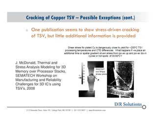 Cracking of Copper TSV – Possible Exceptions (cont.) 
o One publication seems to show stress-driven cracking 
© 2004 - 200107 
of TSV, but little additional information is provided 
J. McDonald, Thermal and 
Stress Analysis Modeling for 3D 
Memory over Processor Stacks, 
SEMATECH Workshop on 
Manufacturing and Reliability 
Challenges for 3D IC’s using 
TSV’s, 2008 
 