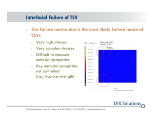 Interfacial Failure of TSV 
o This failure mechanism is the most likely failure mode of 
© 2004 - 200107 
TSVs 
o Very high stresses 
o Very complex stresses 
o Difficult to measure 
material properties 
o Key material properties 
not controlled 
(i.e., fracture strength) 
 