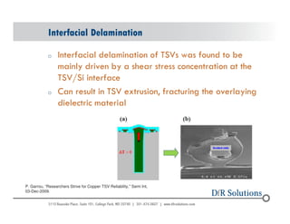 Interfacial Delamination 
o Interfacial delamination of TSVs was found to be 
© 2004 - 200107 
mainly driven by a shear stress concentration at the 
TSV/Si interface 
o Can result in TSV extrusion, fracturing the overlaying 
dielectric material 
P. Garrou, “Researchers Strive for Copper TSV Reliability,” Semi Int, 
03-Dec-2009. 
 