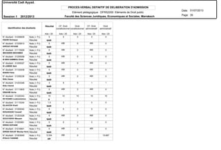 Elément pédagogique : DFRS2200 Eléments de Droit public
PROCES-VERBAL DEFINITIF DE DELIBERATION D'ADMISSION
N° étudiant : 01206839
N° étudiant : 01220813
N° étudiant : 01115929
N° étudiant : 01205058
N° étudiant : 01205027
N° étudiant : 01102938
N° étudiant : 01206236
N° étudiant : 01203346
N° étudiant : 01113805
N° étudiant : 01220343
N° étudiant : 01110244
N° étudiant : 01205042
N° étudiant : 01203328
N° étudiant : 01202861
N° étudiant : 01216901
N° étudiant : 01003640
HSAINI Somayya
IAROUD HICHAM
IBKHAREN MOHAMED
ID BEN HAMMOU Zineb
ID LAMINE Said
IDADDI Faiza
IDALI Asma
IDALI Hamid
IDBAHMI Aicha
IDI KOABO Loukoumanou
IDLAHCEN Khalil
IDOUAKASS Youssef
IDOUCHEIKH Maryam
IDRISS SOFIANE
IDRISSI NACAF Moulay Hicha
IFOULS YASSINE
Résultat
Résultat
Résultat
Résultat
Résultat
Résultat
Résultat
Résultat
Résultat
Résultat
Résultat
Résultat
Résultat
Résultat
Résultat
Résultat
Note (+ PJ)
Note (+ PJ)
Note (+ PJ)
Note (+ PJ)
Note (+ PJ)
Note (+ PJ)
Note (+ PJ)
Note (+ PJ)
Note (+ PJ)
Note (+ PJ)
Note (+ PJ)
Note (+ PJ)
Note (+ PJ)
Note (+ PJ)
Note (+ PJ)
Note (+ PJ)
Identification des étudiants
ABI ABI
ABI ABI
ABI
ABI ABI
ABI ABI
ABI ABI
ABI ABI
ABI ABI
ABI ABI
ABI
NAR
NAR
NAR
NAR
NAR
NAR
NAR
NAR
NAR
V
NAR
NAR
NAR
NAR
NAR
AR
Résultat CF: Droit
constitutionnel
Droit
constitutionnel
CF: Droit
administratif
Droit
administratif
Ado / 20 Ado / 20 Ado / 20 Ado / 20 Ado / 20
Université Cadi Ayyad.
Date:
Page:
01/07/2013
Session 1 2012/2013
35Faculté des Sciences Juridiques, Economiques et Sociales. Marrakech
0 0 0 0 0
0 0 0
0 0 0
0 0 0 0
0 0 0
0 0 0
0 0 0
3 5 5 1 1
0 0 0
10 10 10 10 10
1.5 3 3 0 0
0 0 0 0 0
0 0 0
0 0 0 0 0
0 0 0
5.334 0 10.667
 
