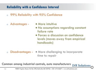 © 2004 -2007 
2010 
9000 Virginia Manor Rd Ste 290, Beltsville MD 20705 | 301-474-0607 | www.dfrsolutions.com 
o99% Reliability with 95% Confidence 
oAdvantages -More intuitive No assumptions regarding constantfailure rate Forces a discussion on confidence levels (moves away from empirical handbooks) 
oDisadvantages -More challenging to incorporatetime to repair 
Reliability with a Confidence Interval 
12 
Common among industrial controls, auto manufacturers  