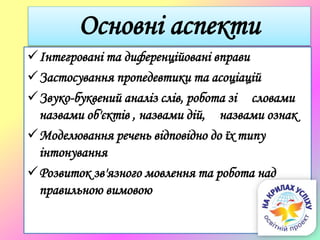 Інтегровані та диференційовані вправи
Застосування пропедевтики та асоціацій
Звуко-буквений аналіз слів, робота зі словами
назвами об'єктів , назвами дій, назвами ознак
Моделювання речень відповідно до їх типу
інтонування
Розвиток зв'язного мовлення та робота над
правильною вимовою
Основні аспекти
 