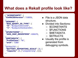 What does a Rekall profile look like?
{ "$CONSTANTS": {
"CmNtCSDVersion": 718856,
...
"$ENUMS": {
"BUS_QUERY_ID_TYPE": {
"...