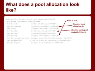 What does a pool allocation look
like?
win8.1.raw 16:14:59> print profile._POOL_HEADER(0xe000023aa890)
[_POOL_HEADER _POOL...