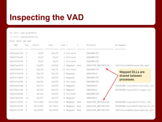 Inspecting the VAD
In [2]: vad pid=4012
------> vad(pid=4012)
Pid: 4012 dd.exe
VAD lev start end com - - Protect Filename
...