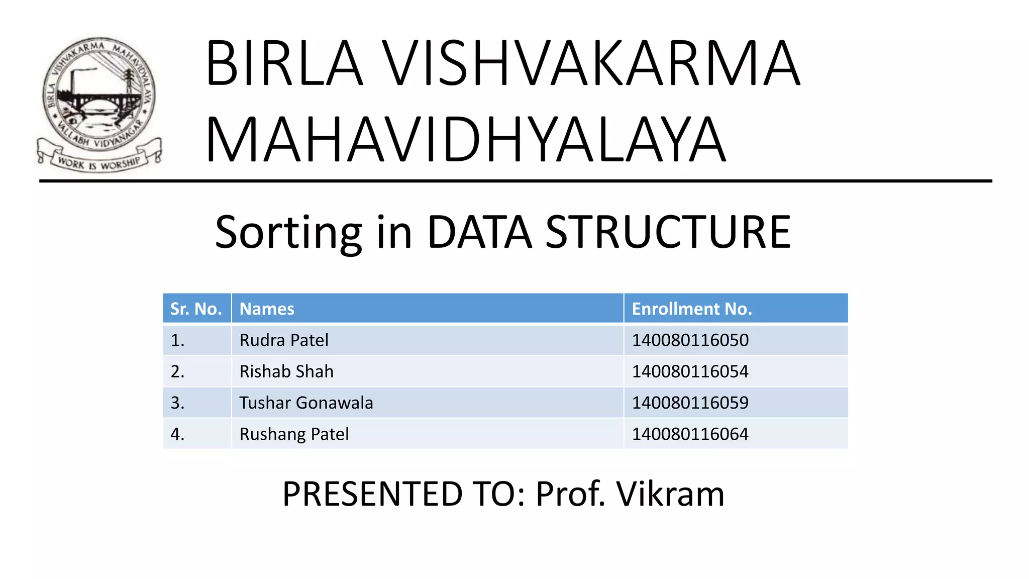 BIRLA VISHVAKARMA
MAHAVIDHYALAYA
Sorting in DATA STRUCTURE
Sr. No. Names Enrollment No.
1. Rudra Patel 140080116050
2. Rishab Shah 140080116054
3. Tushar Gonawala 140080116059
4. Rushang Patel 140080116064
PRESENTED TO: Prof. Vikram
 