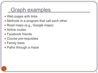 3
Graph examples
3
 Web pages with links
 Methods in a program that call each other
 Road maps (e.g., Google maps)
 Airline routes
 Facebook friends
 Course pre-requisites
 Family trees
 Paths through a maze
 