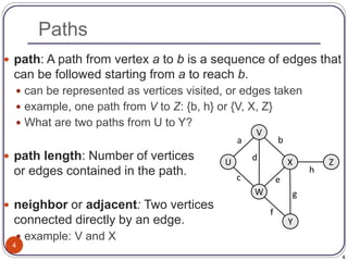 4
Paths
4
 path: A path from vertex a to b is a sequence of edges that
can be followed starting from a to reach b.
 can be represented as vertices visited, or edges taken
 example, one path from V to Z: {b, h} or {V, X, Z}
 What are two paths from U to Y?
 path length: Number of vertices
or edges contained in the path.
 neighbor or adjacent: Two vertices
connected directly by an edge.
 example: V and X
X
U
V
W
Z
Y
a
c
b
e
d
f
g
h
 