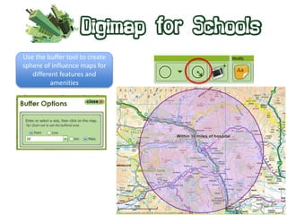 Use the buffer tool to create 
sphere of influence maps for 
different features and 
amenities 
 
