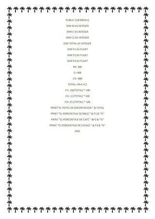 PUBLIC SUB MAIN ()
DIM MAS INTEGER
DIM C AS INTEGER
DIM C1 AS INTEGER
DIM TOTAL AS INTEGER
DIM P1 AS FLOAT
DIM P2 AS FLOAT
DIM P3 AS FLOAT
M= 300
C= 400
C1= 800
TOTAL= M+C+C1
P1= (M/TOTAL) * 100
P2= (C/TOTAL) * 100
P3= (C1/TOTAL) * 100
PRINT”EL TOTAL DE EXPORTACION:” & TOTAL
PRINT “EL PORCENTAJE DE MAIZ:” & P1 & “%”
PRINT “EL PORCENTAJE DE CAFÉ:” &P2 & “%”
PRINT “EL PORCENTAJE DE CACAO:” & P3 & “%”
END
 