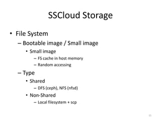 • File System
– Bootable image / Small image
• Small image
– FS cache in host memory
– Random accessing
– Type
• Shared
– DFS (ceph), NFS (nfsd)
• Non-Shared
– Local filesystem + scp
SSCloud Storage
15
 
