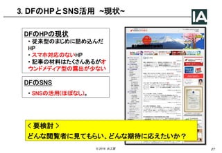27© 2018 IA工房
3. DFのHPとSNS活用 ~現状~
DFのHPの現状
• 従来型のまじめに詰め込んだ
HP
• スマホ対応のないHP
• 記事の材料はたくさんあるがオ
ウンドメディア型の露出が少ない
DFのSNS
• SNSの活用(ほぼなし)。
< 要検討 >
どんな閲覧者に見てもらい、どんな期待に応えたいか？
 