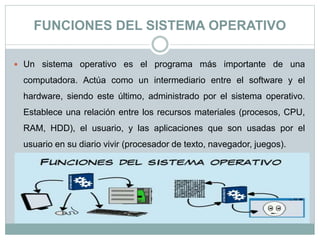 FUNCIONES DEL SISTEMA OPERATIVO
 Un sistema operativo es el programa más importante de una
computadora. Actúa como un intermediario entre el software y el
hardware, siendo este último, administrado por el sistema operativo.
Establece una relación entre los recursos materiales (procesos, CPU,
RAM, HDD), el usuario, y las aplicaciones que son usadas por el
usuario en su diario vivir (procesador de texto, navegador, juegos).
 
