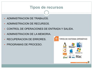 Tipos de recursos
 ADMINISTRACION DE TRABAJOS.
 ADMINISTRACION DE RECURSOS.
 CONTROL DE OPERACIONES DE ENTRADA Y SALIDA.
 ADMINISTRACION DE LA MEMORIA.
 RECUPERACION DE ERRORES.
 PROGRAMAS DE PROCESO.
 