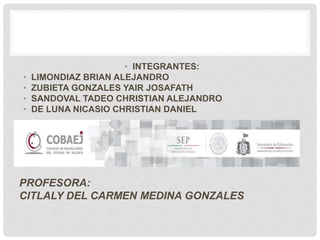 • INTEGRANTES:
• LIMONDIAZ BRIAN ALEJANDRO
• ZUBIETA GONZALES YAIR JOSAFATH
• SANDOVAL TADEO CHRISTIAN ALEJANDRO
• DE LUNA NICASIO CHRISTIAN DANIEL
PROFESORA:
CITLALY DEL CARMEN MEDINA GONZALES
 