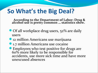 So What’s the Big Deal?
According to the Department of Labor: Drug &
alcohol use is pretty common … statistics show.
Of all workplace drug users, 52% are daily
users
12 million Americans use marijuana
1.7 million Americans use cocaine
Employees who test positive for drugs are
60% more likely to be responsible for
accidents, use more sick time and have more
unexcused absences
 