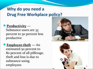 Why do you need a
Drug Free Workplace policy?
Productivity —
Substance users are 33
percent to 50 percent less
productive
Employee theft — An
estimated 50 percent to
80 percent of all pilferage,
theft and loss is due to
substance-using
employees
 