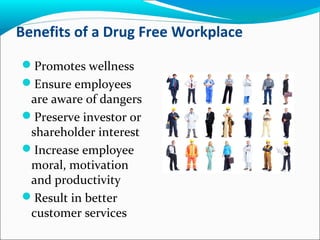 Benefits of a Drug Free Workplace
Promotes wellness
Ensure employees
are aware of dangers
Preserve investor or
shareholder interest
Increase employee
moral, motivation
and productivity
Result in better
customer services
 