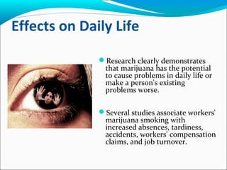 Effects on Daily Life
Research clearly demonstrates
that marijuana has the potential
to cause problems in daily life or
make a person's existing
problems worse.
Several studies associate workers'
marijuana smoking with
increased absences, tardiness,
accidents, workers' compensation
claims, and job turnover.
 