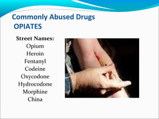 Commonly Abused Drugs
OPIATES
Street Names:
Opium
Heroin
Fentanyl
Codeine
Oxycodone
Hydrocodone
Morphine
China
 