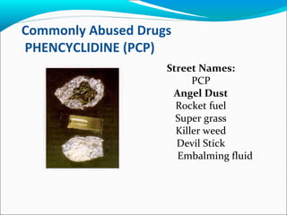 Commonly Abused Drugs
PHENCYCLIDINE (PCP)
Street Names:
PCP
Angel Dust
Rocket fuel
Super grass
Killer weed
Devil Stick
Embalming fluid
 