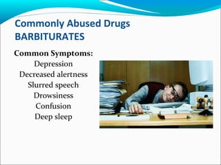 Commonly Abused Drugs
BARBITURATES
Common Symptoms:
Depression
Decreased alertness
Slurred speech
Drowsiness
Confusion
Deep sleep
 