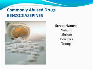 Commonly Abused Drugs
BENZODIAZEPINES
Street Names:
Valium
Librium
Downers
Tranqs
 