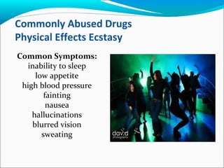 Commonly Abused Drugs
Physical Effects Ecstasy
Common Symptoms:
inability to sleep
low appetite
high blood pressure
fainting
nausea
hallucinations
blurred vision
sweating
 