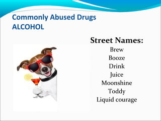 Commonly Abused Drugs
ALCOHOL
Street Names:
Brew
Booze
Drink
Juice
Moonshine
Toddy
Liquid courage
 