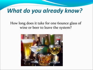 What do you already know?
How long does it take for one 6ounce glass of
wine or beer to leave the system?
 