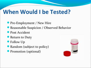 When Would I be Tested?
Pre-Employment / New Hire
Reasonable Suspicion / Observed Behavior
Post Accident
Return to Duty
Follow Up
Random (subject to policy)
Promotion (optional)
 
