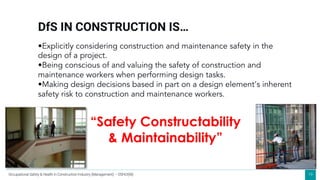 19
DfS IN CONSTRUCTION IS…
•Explicitly considering construction and maintenance safety in the
design of a project.
•Being conscious of and valuing the safety of construction and
maintenance workers when performing design tasks.
•Making design decisions based in part on a design element's inherent
safety risk to construction and maintenance workers.
“Safety Constructability
& Maintainability”
Occupational Safety & Health in Construction Industry (Management) – OSHCI(M)
 