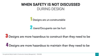 29
WHEN SAFETY IS NOT DISCUSSED
DURING DESIGN
1 Designs are un-constructable
2 Users/Occupants can be hurt
3 Designs are more hazardous to construct than they need to be
4 Designs are more hazardous to maintain than they need to be
Occupational Safety & Health in Construction Industry (Management) – OSHCI(M)
 