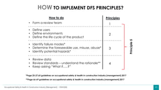 43
*Page 25-27,65 guidelines on occupational safety & health in construction industry (management) 2017
• Form a review team
Principles
How to do
1
2
3
4
Principle
5
HOW TO IMPLEMENT DFS PRINCIPLES?
**Page 66-69 guidelines on occupational safety & health in construction industry (management) 2017
• Define users
• Define environments
• Define the life cycle of the product
• Identify failure modes*
• Determine the foreseeable use, misuse, abuse*
• Identify potential hazards*
• Review data
• Review standards – understand the rationale**
• Keep asking “What if…..?”
Occupational Safety & Health in Construction Industry (Management) – OSHCI(M)
 