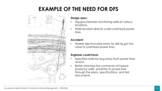 46
Design spec:
• Dig groundwater monitoring wells at various
locations.
• Wells located directly under overhead power
lines.
Accident:
• Worker electrocuted when his drill rig got too
close to overhead power lines.
Engineer could have:
• Specified wells be dug away from power lines;
and/or
• Better informed the contractor of hazard
posed by wells’ proximity to power lines
through the plans, specifications, and bid
documents.
EXAMPLE OF THE NEED FOR DFS
Occupational Safety & Health in Construction Industry (Management) – OSHCI(M)
 