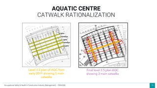 76
AQUATIC CENTRE
CATWALK RATIONALIZATION
Level 3.5 plan of AQC from
early 2011 showing 5 main
catwalks
Final level 3.5 plan AQC
showing 3 main catwalks
Occupational Safety & Health in Construction Industry (Management) – OSHCI(M)
 