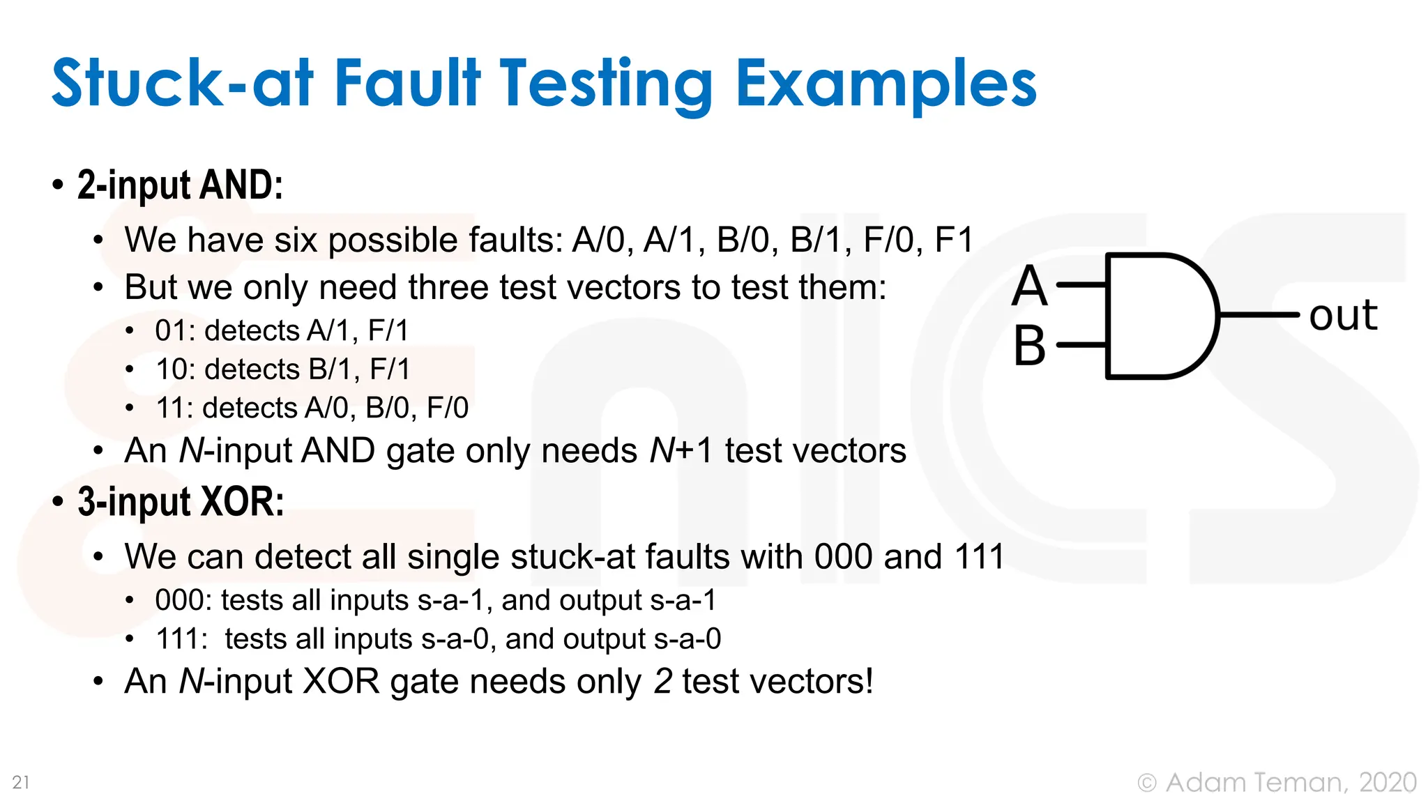June 24, 2020
© Adam Teman,
Stuck-at Fault Testing Examples
• 2-input AND:
• We have six possible faults: A/0, A/1, B/0, B/1, F/0, F1
• But we only need three test vectors to test them:
• 01: detects A/1, F/1
• 10: detects B/1, F/1
• 11: detects A/0, B/0, F/0
• An N-input AND gate only needs N+1 test vectors
• 3-input XOR:
• We can detect all single stuck-at faults with 000 and 111
• 000: tests all inputs s-a-1, and output s-a-1
• 111: tests all inputs s-a-0, and output s-a-0
• An N-input XOR gate needs only 2 test vectors!
21
 