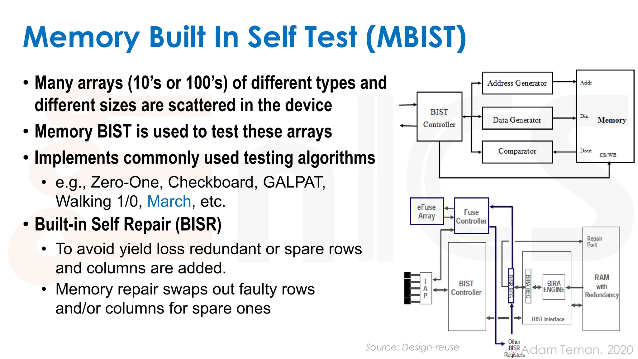 June 24, 2020
© Adam Teman,
Memory Built In Self Test (MBIST)
• Many arrays (10’s or 100’s) of different types and
different sizes are scattered in the device
• Memory BIST is used to test these arrays
• Implements commonly used testing algorithms
• e.g., Zero-One, Checkboard, GALPAT,
Walking 1/0, March, etc.
• Built-in Self Repair (BISR)
• To avoid yield loss redundant or spare rows
and columns are added.
• Memory repair swaps out faulty rows
and/or columns for spare ones
Source: Design-reuse
 