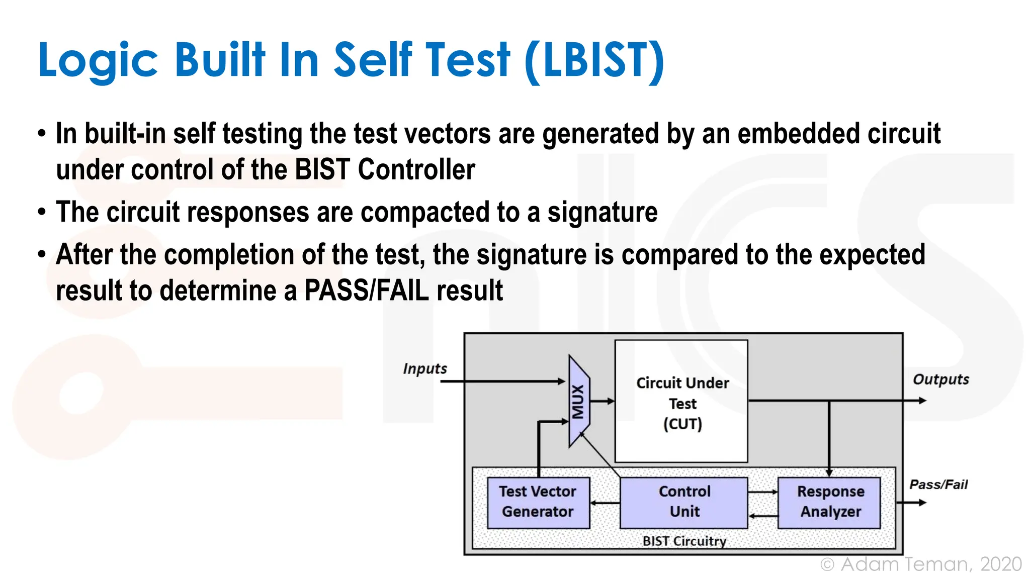 June 24, 2020
© Adam Teman,
Logic Built In Self Test (LBIST)
• In built-in self testing the test vectors are generated by an embedded circuit
under control of the BIST Controller
• The circuit responses are compacted to a signature
• After the completion of the test, the signature is compared to the expected
result to determine a PASS/FAIL result
 