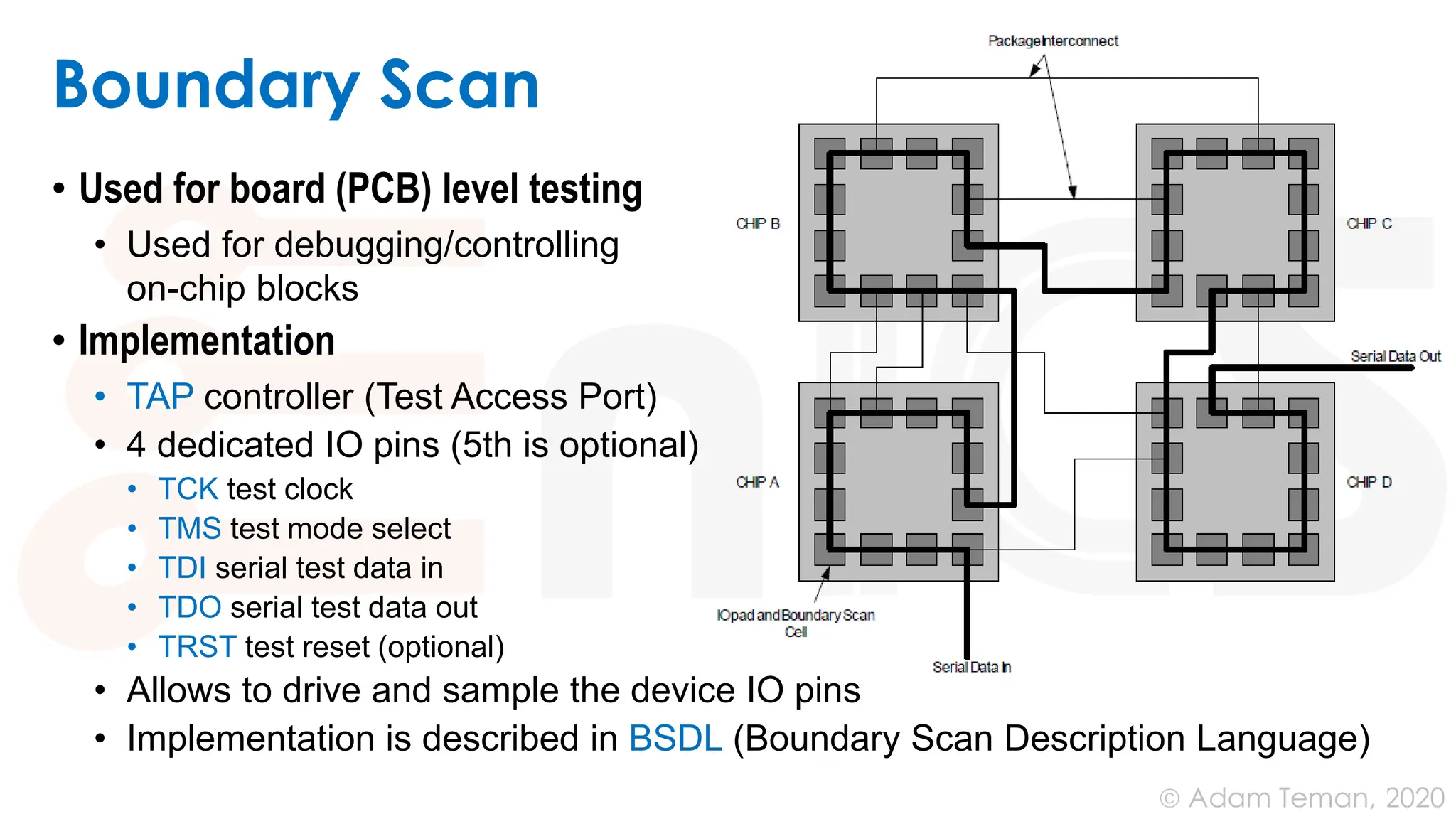 June 24, 2020
© Adam Teman,
Boundary Scan
• Used for board (PCB) level testing
• Used for debugging/controlling
on-chip blocks
• Implementation
• TAP controller (Test Access Port)
• 4 dedicated IO pins (5th is optional)
• TCK test clock
• TMS test mode select
• TDI serial test data in
• TDO serial test data out
• TRST test reset (optional)
• Allows to drive and sample the device IO pins
• Implementation is described in BSDL (Boundary Scan Description Language)
 