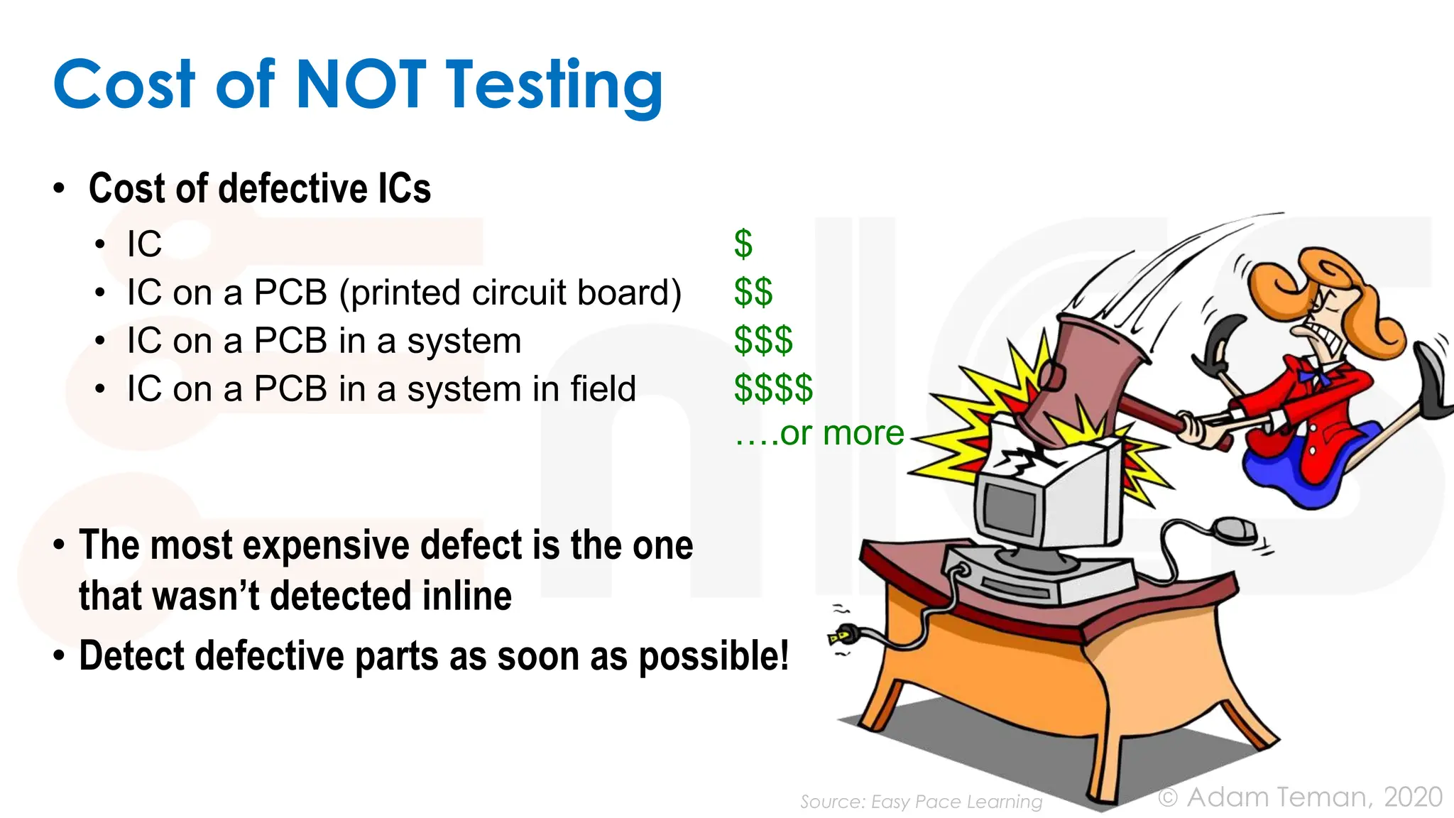 June 24, 2020
© Adam Teman,
Cost of NOT Testing
• Cost of defective ICs
• IC $
• IC on a PCB (printed circuit board) $$
• IC on a PCB in a system $$$
• IC on a PCB in a system in field $$$$
….or more
• The most expensive defect is the one
that wasn’t detected inline
• Detect defective parts as soon as possible!
Source: Easy Pace Learning
 