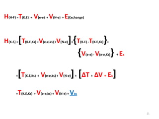 H{H-F} =T(K.E) + V(e-e) + V(N-e) + E(Exchange)
H{K-S} =[T(K.E,Ks) +V(e-e,ks) +V(N-e)]+{T(K.E) -T(K.E,Ks)}+
{V(e-e) - V(e-e,Ks)} + Ex
=[T(K.E,Ks) + V(e-e,ks) + V(N-e)]+ [∆T + ∆V + Ex]
=T(K.E,Ks) + V(e-e,ks) + V(N-e) + Vxc
21
 