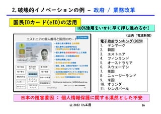 日本の阻害要因 : 個人情報保護に関する漠然とした不安
@ 2022 IA工房
100%活用をいかに早く押し進めるか!
16
国民IDカード(eID)の活用
2.破壊的イノベーションの例 – 政府 / 業務改革
電子政府ランキング(2020)
1. デンマーク
2. 韓国
3. エストニア
4. フィンランド
5. オーストラリア
6. スウェーデン
7. 英国
8. ニュージーランド
9. 米国
10. オランダ
11. シンガポール
(出典 :電波新聞)
 