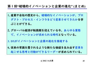第１回“破壊的イノベーションと企業の進化” (まとめ)
1.産業や会社の歴史から、破壊的なイノベーションが、プロ
ダクト・プロセス・インフラをどう変革させてきたかを学
ぶことができる。
2.グローバル経済が転換期を迎えている今、あらゆる業態
で、イノベーションが求められる時代となっている。
3. DXがイノベーションと企業の進化を推進する
4.従来の常識を覆されるような新たな価値を生み出す変革を
起こせる思考と行動ができるリーダーが求められている。
@ 2022 IA工房 45
 