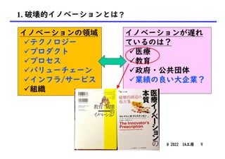 1. 破壊的イノベーションとは？
@ 2022 IA工房 9
イノベーションの領域
üテクノロジー
üプロダクト
üプロセス
üバリューチェーン
üインフラ/サービス
ü組織
イノベーションが遅れ
ているのは？
ü医療
ü教育
ü政府・公共団体
ü業績の良い大企業？
 